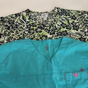Scrub Top set of 2. One teal with Pink, one blue/green med couture small scrub